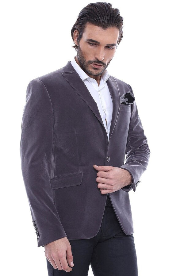 WSS Velvet Slim Fit Grey Men Blazer  - Singen