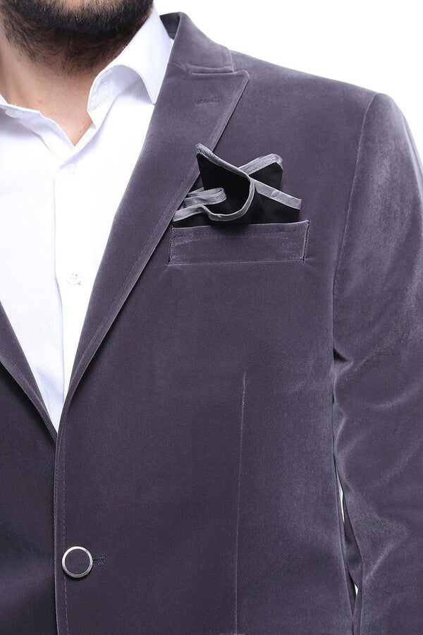 WSS Velvet Slim Fit Grey Men Blazer  - Singen