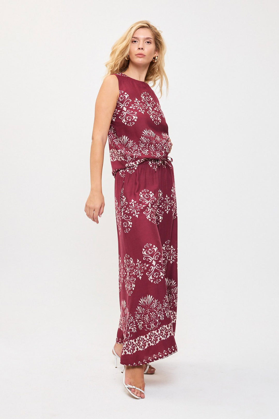 Cherry Pattern Sleeveless Blouse and Wide Leg Pants Woven Set BCVL-25V201 - Corato