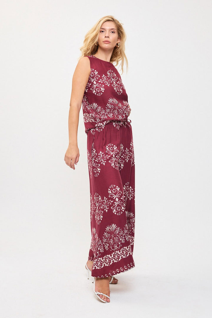 Cherry Pattern Sleeveless Blouse and Wide Leg Pants Woven Set BCVL-25V201 - Corato