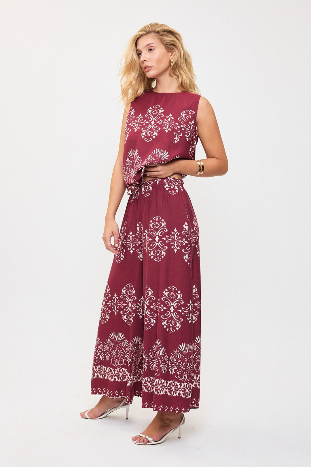 Cherry Pattern Sleeveless Blouse and Wide Leg Pants Woven Set BCVL-25V201 - Corato