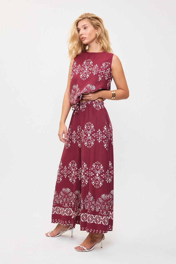 Cherry Pattern Sleeveless Blouse and Wide Leg Pants Woven Set BCVL-25V201 - Corato