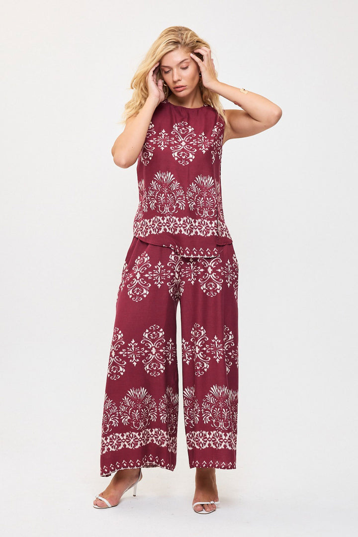 Cherry Pattern Sleeveless Blouse and Wide Leg Pants Woven Set BCVL-25V201 - Corato