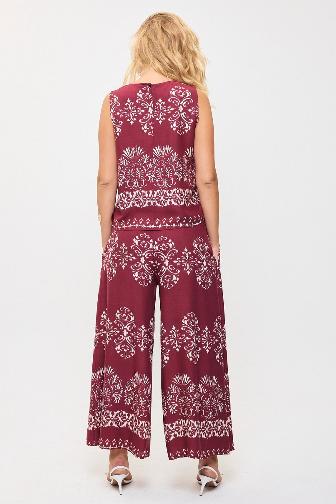 Cherry Pattern Sleeveless Blouse and Wide Leg Pants Woven Set BCVL-25V201 - Corato