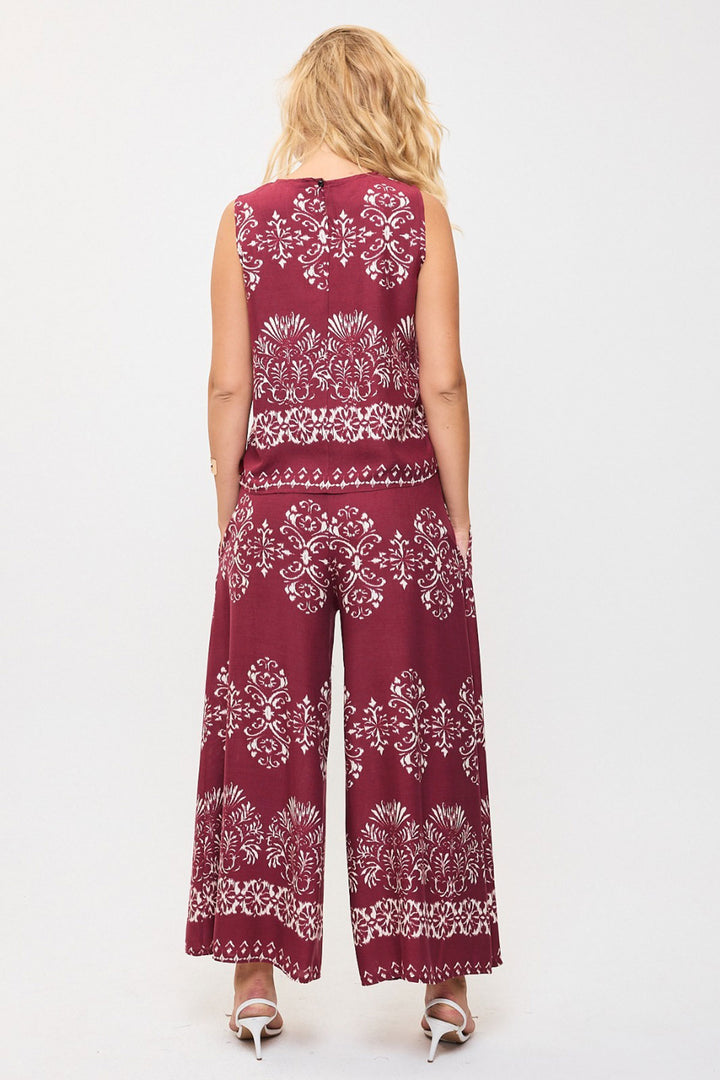 Cherry Pattern Sleeveless Blouse and Wide Leg Pants Woven Set BCVL-25V201 - Corato