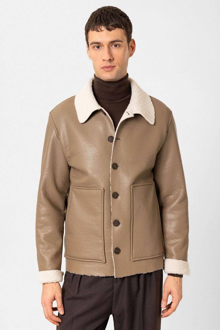 ANT Antioch Mink Fur Detailed Faux Leather Men's Jacket - Orangeville