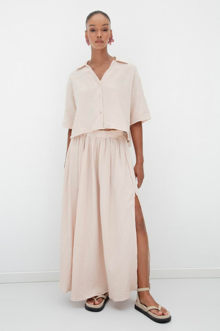 BSL Women 100% Cotton Flounce Slit Detailed Midi Skirt - Littleton