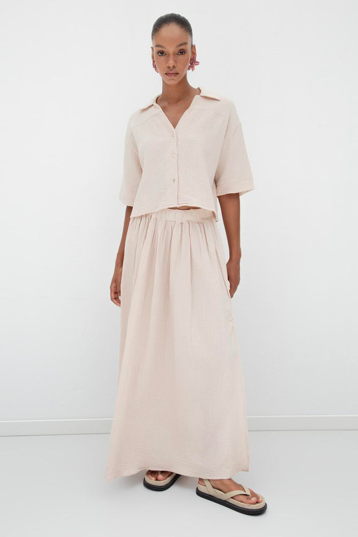 BSL Women 100% Cotton Flounce Slit Detailed Midi Skirt - Littleton
