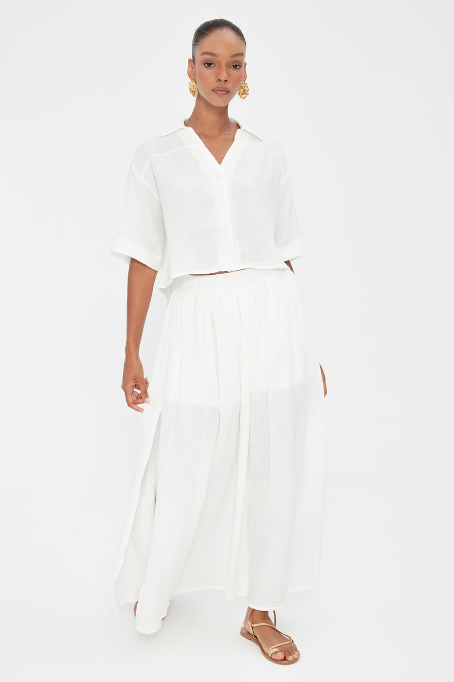 BSL Women 100% Cotton Flounce Slit Detailed Midi Skirt - Rapid City