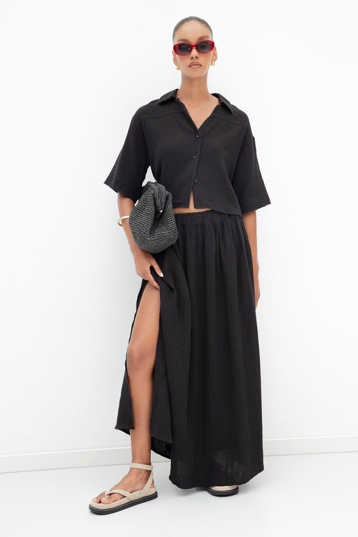 BSL Women 100% Cotton Flounce Slit Detailed Midi Skirt - Tamiami