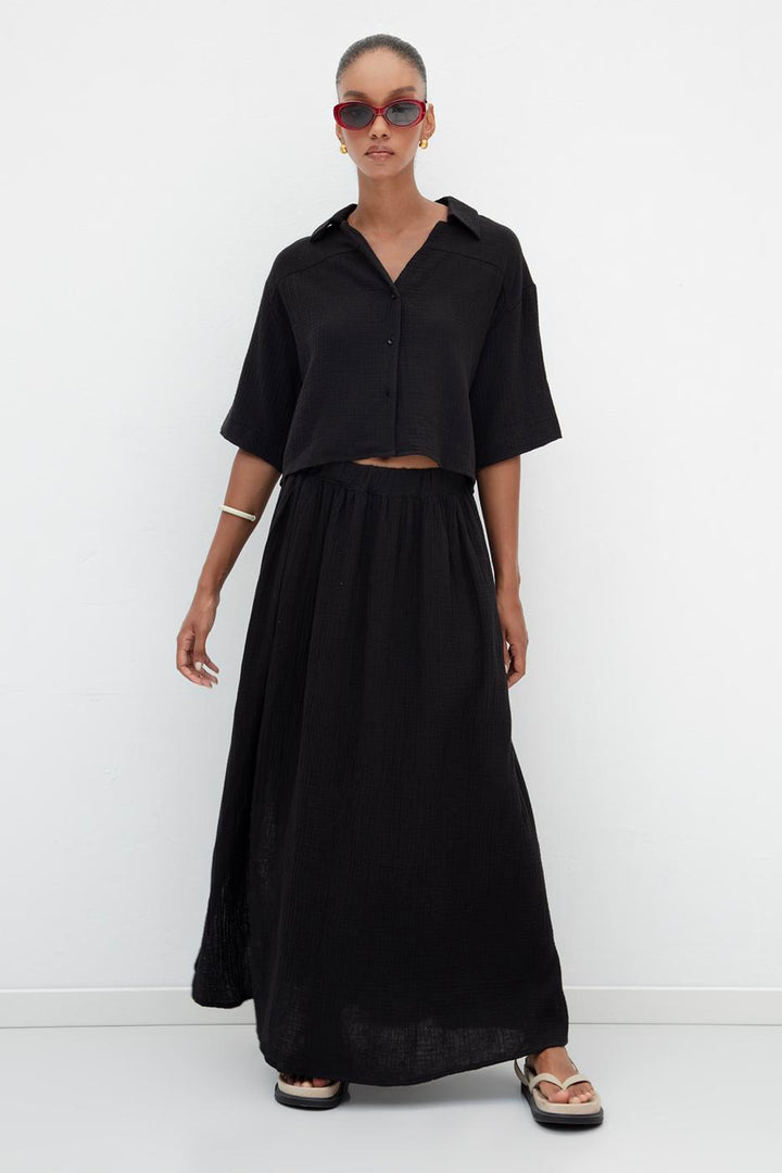 BSL Women 100% Cotton Flounce Slit Detailed Midi Skirt - Tamiami