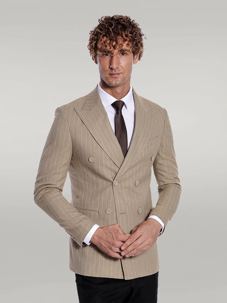 WSS Striped Double Breasted Cream Men Blazer  - Singen