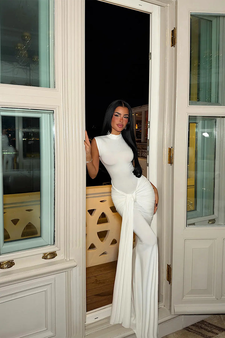 EYY Women White Long Dress with Ruched Front - Salinas