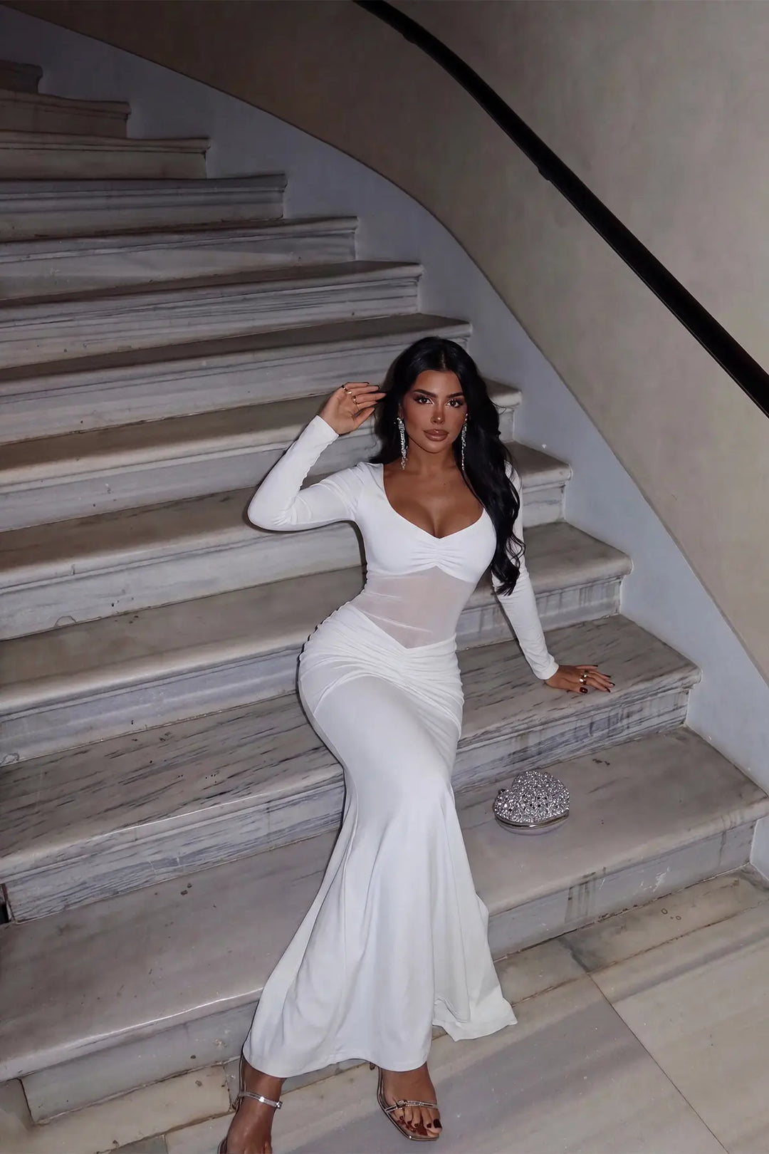 EYY Women White Long Dress with Transparent Front - Uman