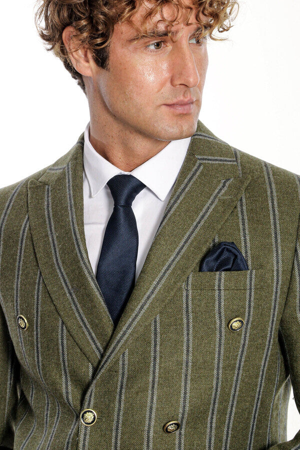 WSS Wide Lapel Striped Double Breasted Green Men Blazer  - Meppen