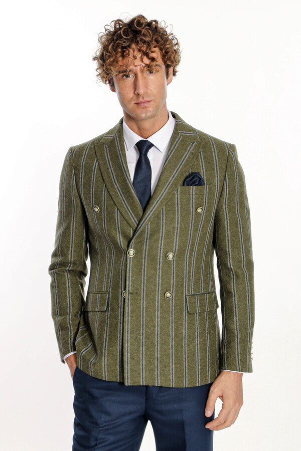 WSS Wide Lapel Striped Double Breasted Green Men Blazer  - Meppen