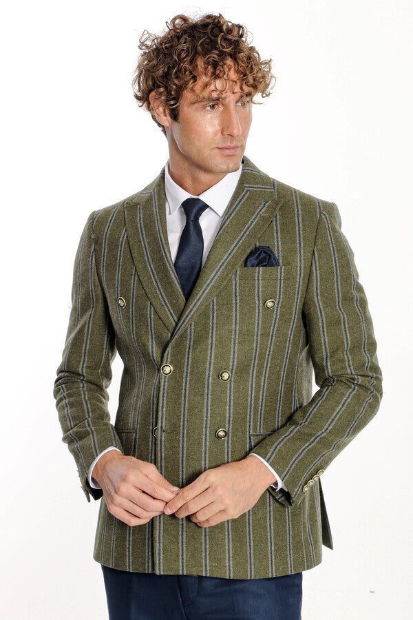 WSS Wide Lapel Striped Double Breasted Green Men Blazer  - Meppen
