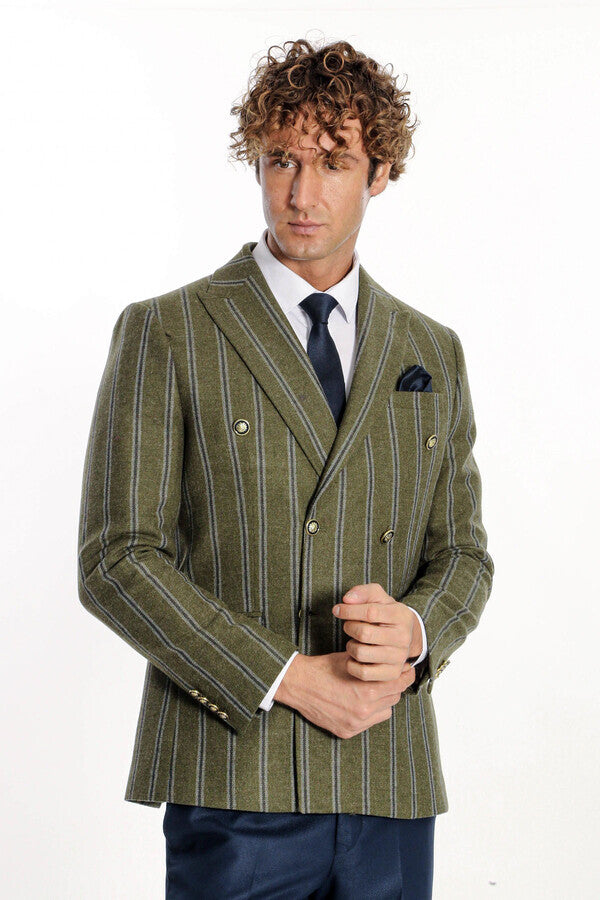 WSS Wide Lapel Striped Double Breasted Green Men Blazer  - Meppen