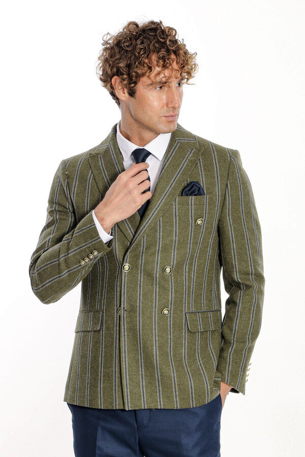 WSS Wide Lapel Striped Double Breasted Green Men Blazer  - Meppen