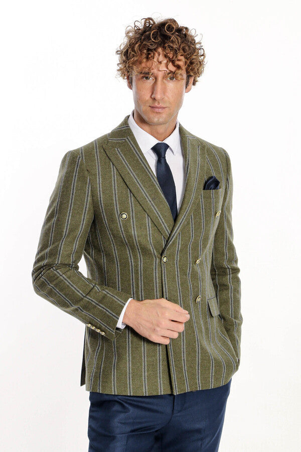 WSS Wide Lapel Striped Double Breasted Green Men Blazer  - Meppen