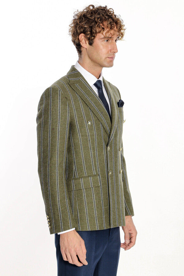 WSS Wide Lapel Striped Double Breasted Green Men Blazer  - Meppen