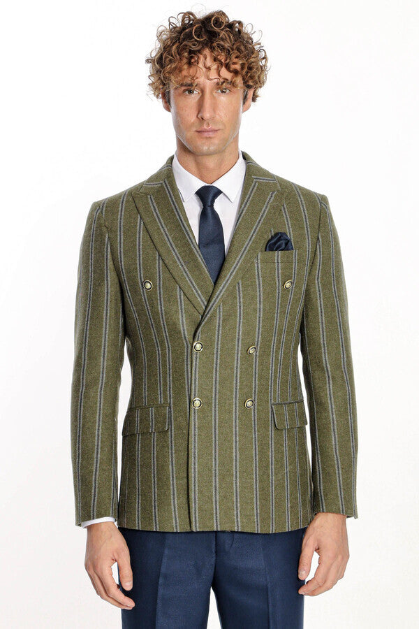 WSS Wide Lapel Striped Double Breasted Green Men Blazer  - Meppen
