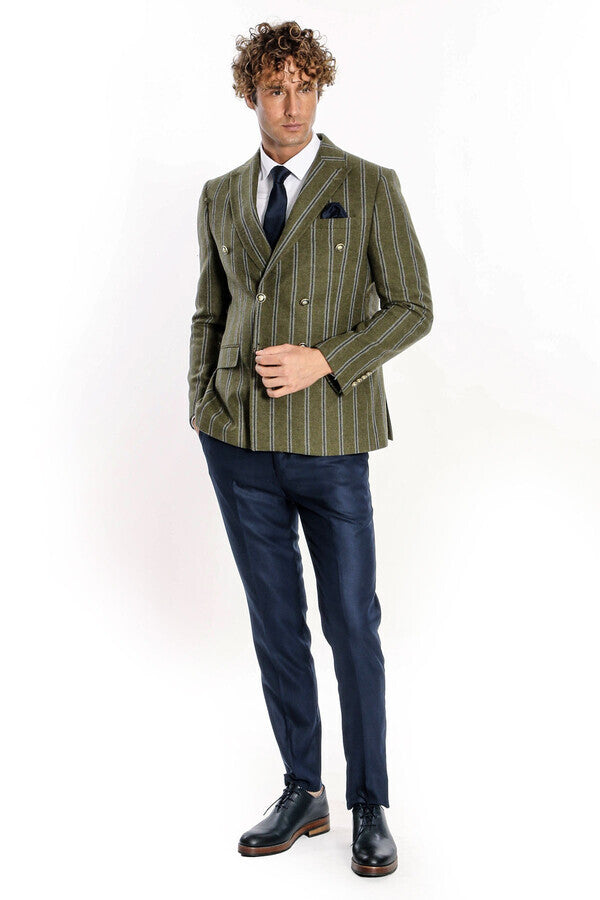 WSS Wide Lapel Striped Double Breasted Green Men Blazer  - Meppen