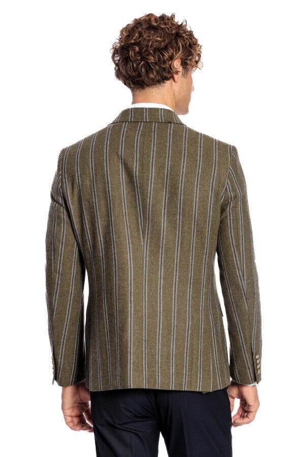 WSS Wide Lapel Striped Double Breasted Green Men Blazer  - Meppen