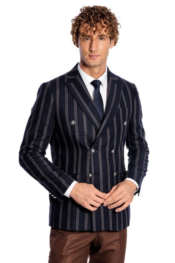WSS Wide Lapel Striped Double Breasted Navy Blue Men Blazer  - Stanton