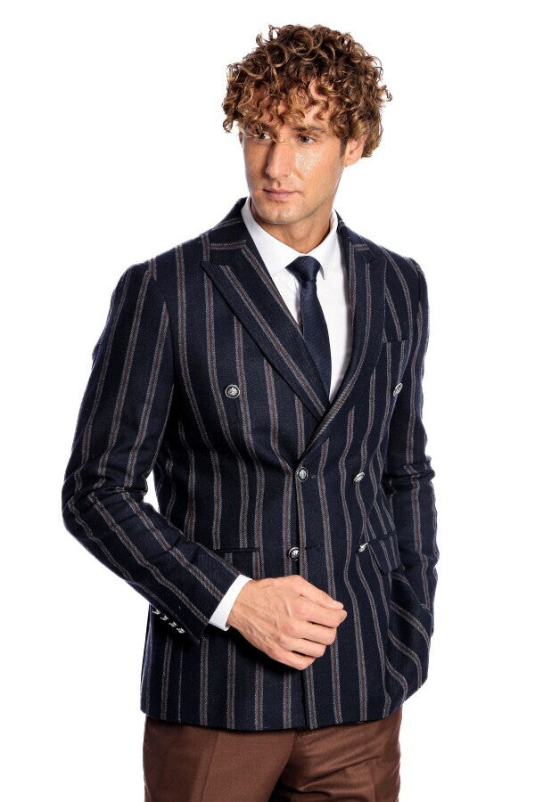WSS Wide Lapel Striped Double Breasted Navy Blue Men Blazer  - Stanton