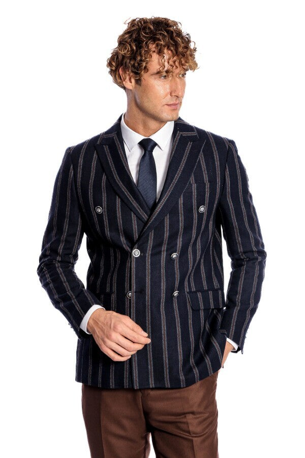 WSS Wide Lapel Striped Double Breasted Navy Blue Men Blazer  - Stanton