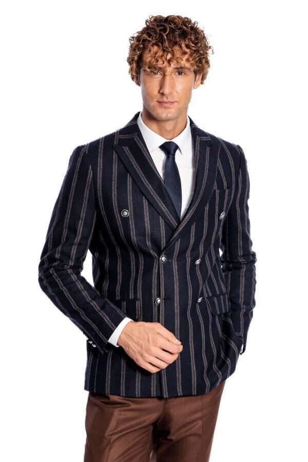 WSS Wide Lapel Striped Double Breasted Navy Blue Men Blazer  - Stanton