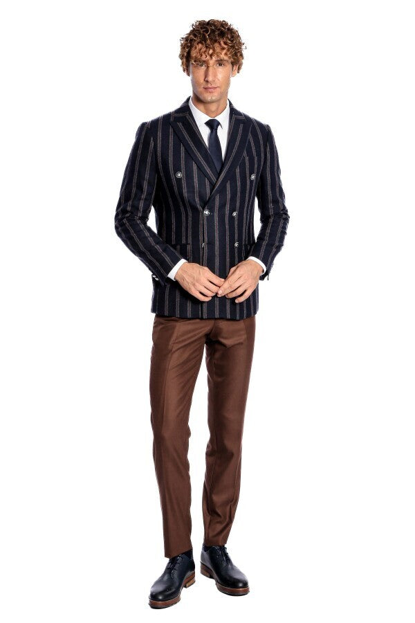 WSS Wide Lapel Striped Double Breasted Navy Blue Men Blazer  - Stanton