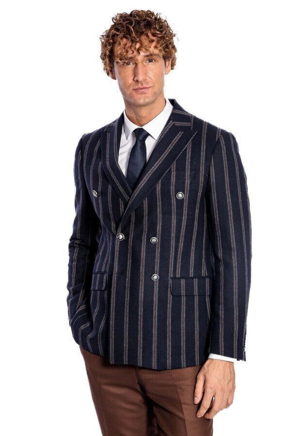 WSS Wide Lapel Striped Double Breasted Navy Blue Men Blazer  - Stanton