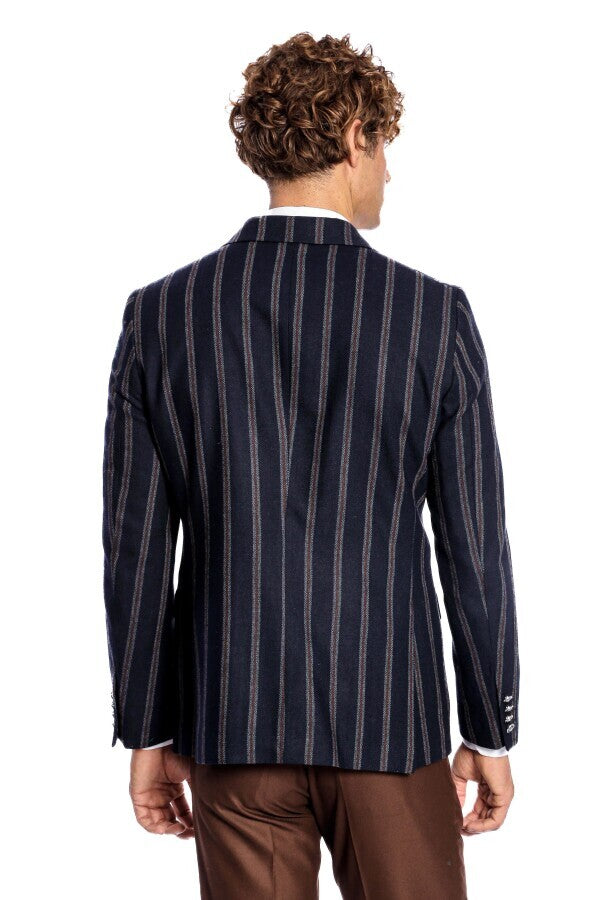 WSS Wide Lapel Striped Double Breasted Navy Blue Men Blazer  - Stanton