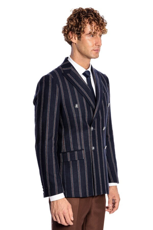 WSS Wide Lapel Striped Double Breasted Navy Blue Men Blazer  - Stanton