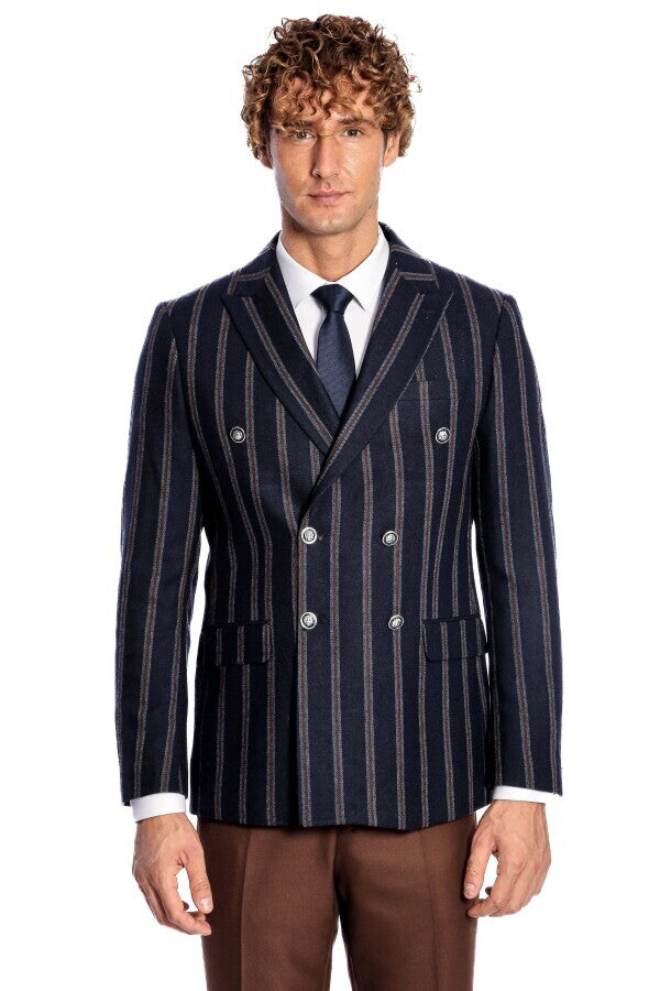 WSS Wide Lapel Striped Double Breasted Navy Blue Men Blazer  - Stanton