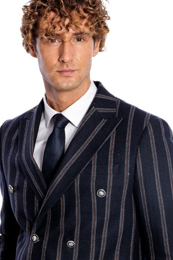 WSS Wide Lapel Striped Double Breasted Navy Blue Men Blazer  - Stanton