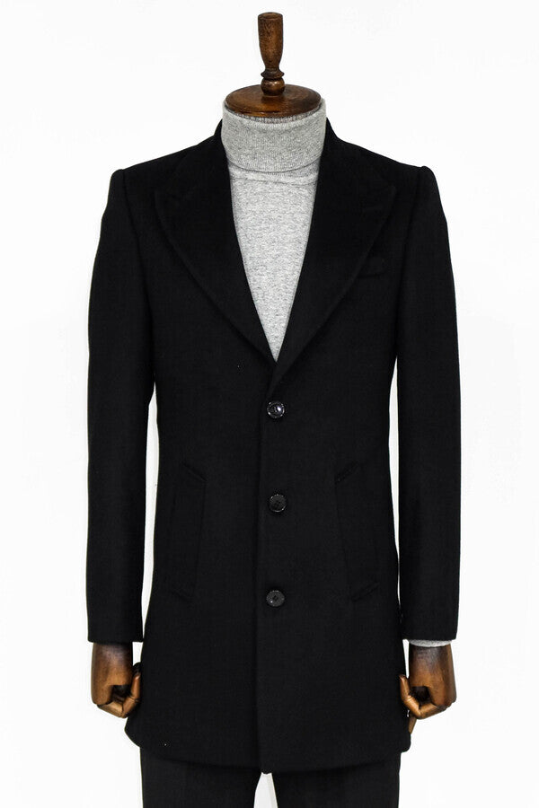 WSS Wide Lapel Wool Black Men Coat  - Loughborough