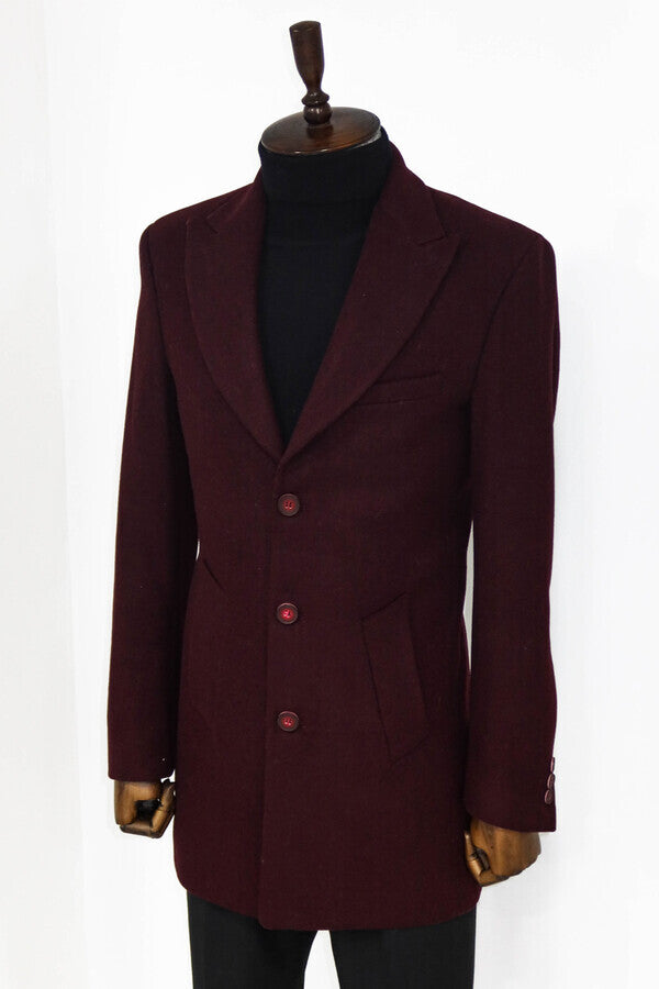 WSS Wide Lapel Wool Burgundy Men Coat  - Saint-Germain-en-Laye