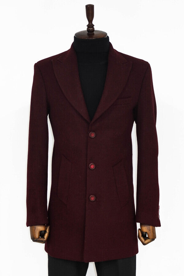 WSS Wide Lapel Wool Burgundy Men Coat  - Saint-Germain-en-Laye