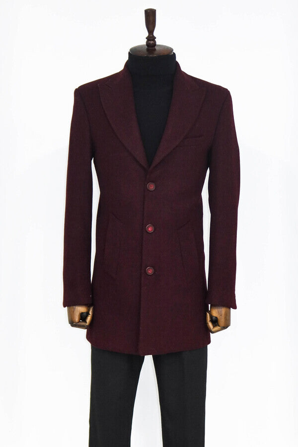 WSS Wide Lapel Wool Burgundy Men Coat  - Saint-Germain-en-Laye