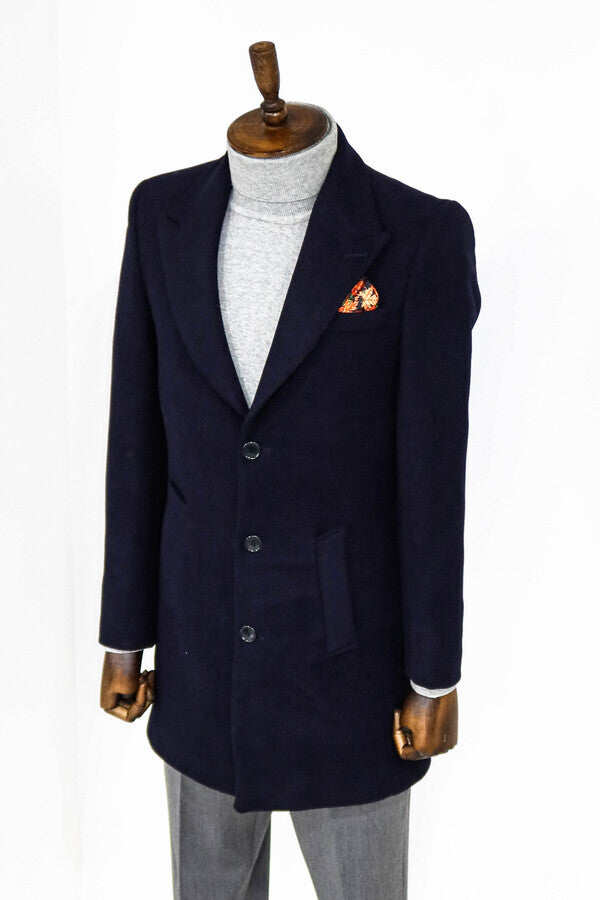 WSS Wide Lapel Wool Navy Blue Men Coat  - La Huacana