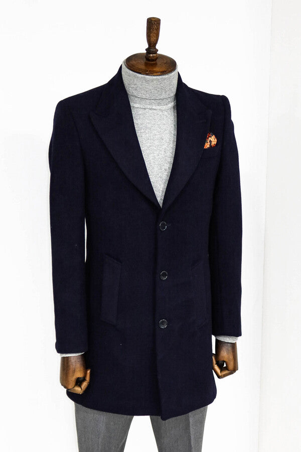 WSS Wide Lapel Wool Navy Blue Men Coat  - La Huacana