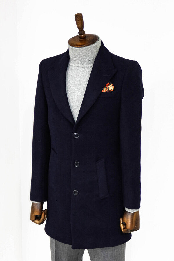 WSS Wide Lapel Wool Navy Blue Men Coat  - La Huacana