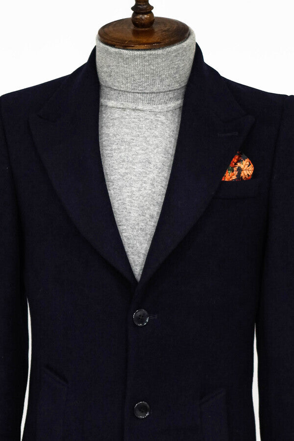 WSS Wide Lapel Wool Navy Blue Men Coat  - La Huacana