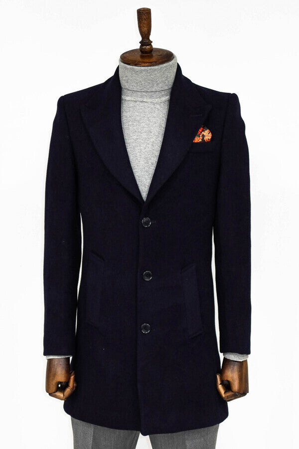 WSS Wide Lapel Wool Navy Blue Men Coat  - La Huacana