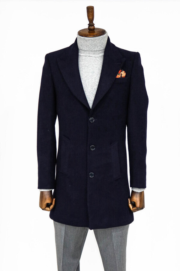 WSS Wide Lapel Wool Navy Blue Men Coat  - La Huacana