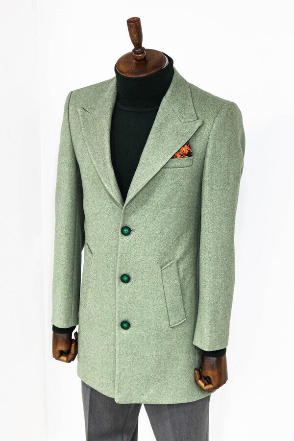 WSS Wide Lapel Wool Oil Green Men Coat  - Lewiston