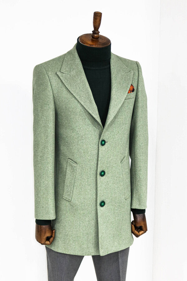 WSS Wide Lapel Wool Oil Green Men Coat  - Lewiston